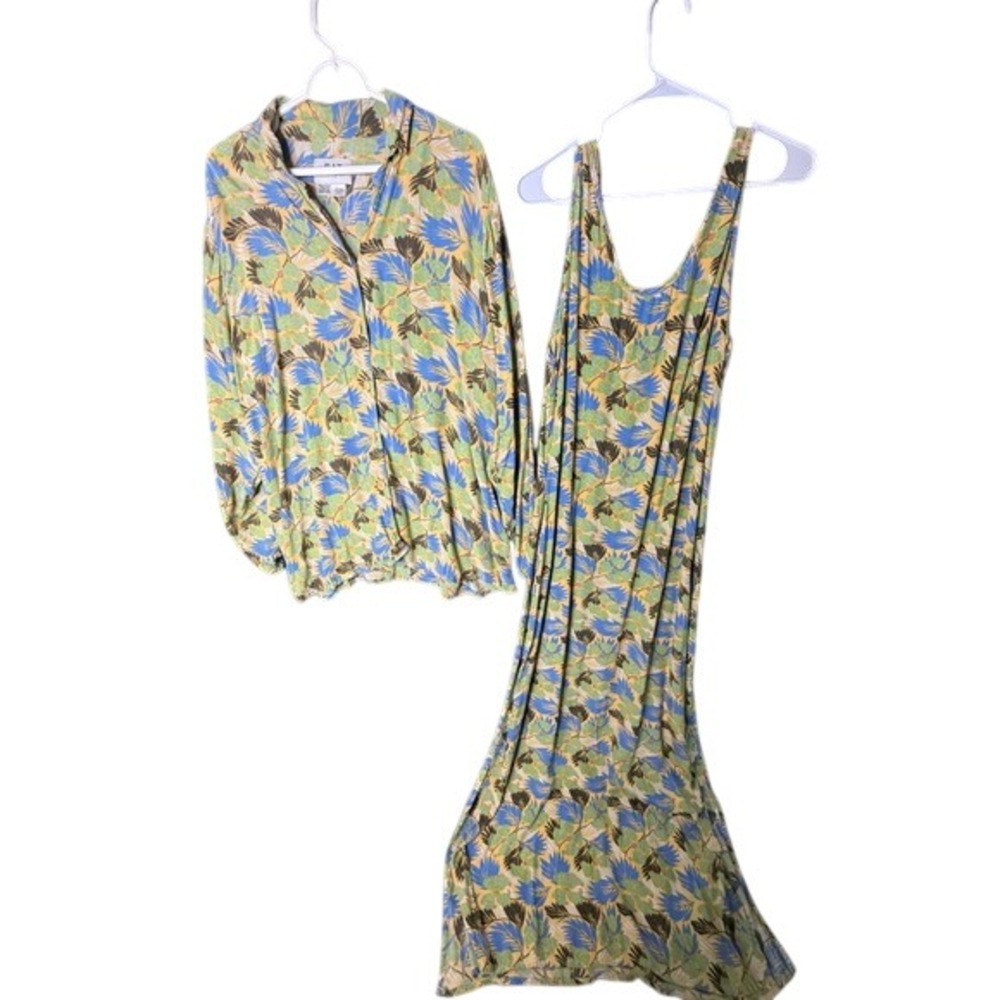 FLAX Jeanne Engelhart Vintage 2pc Set Rayon Tropical Floral Maxi Dress Shirt L
